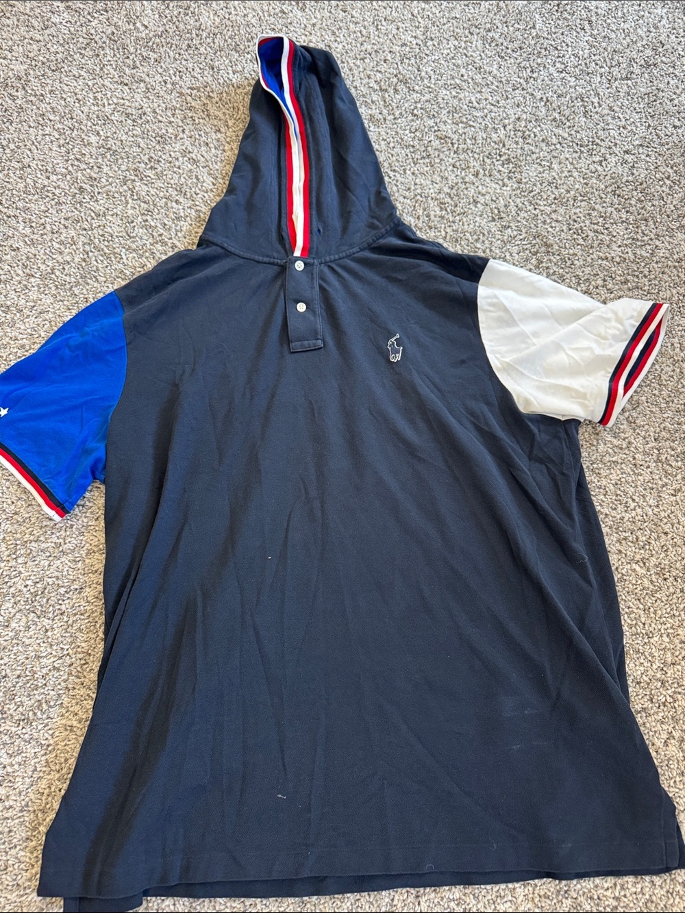 Navy Hooded Polo with Red, White & Blue Trim